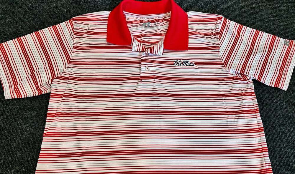 Russell Athletic Ole Miss Rebels Red and White Striped Polo Shirt Men's Large